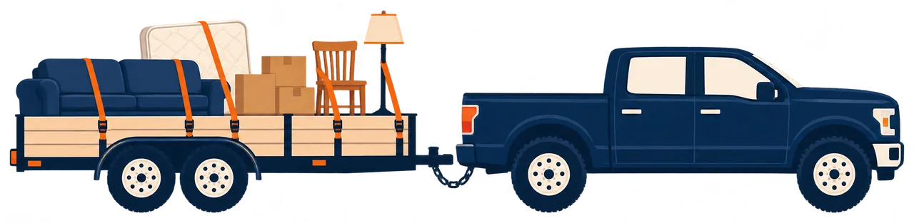 Illustration of a pickup truck pulling a trailer loaded with a couch, a mattress, boxes, a chair and a lamp